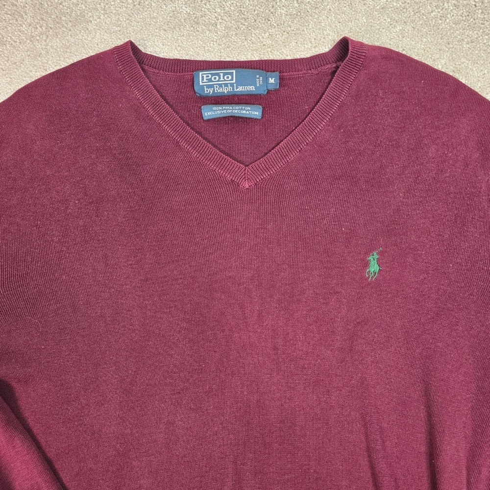 Polo Ralph Lauren Mens Pima Cotton‎ V-Neck Sweater Burgundy Maroon Pony Logo M